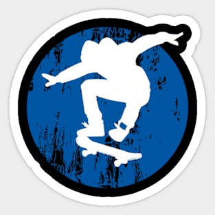 Grunge Urban Skateboarder Graffiti Style - White Silhouette with Blue Background Sticker